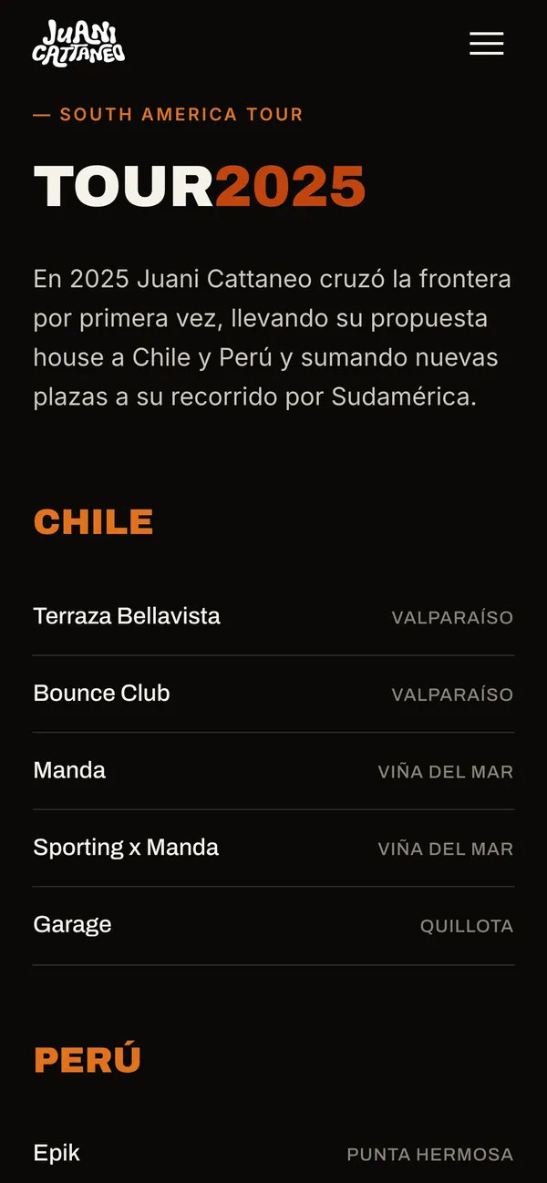 Sección de gira de la web de Juani Cattaneo en celular