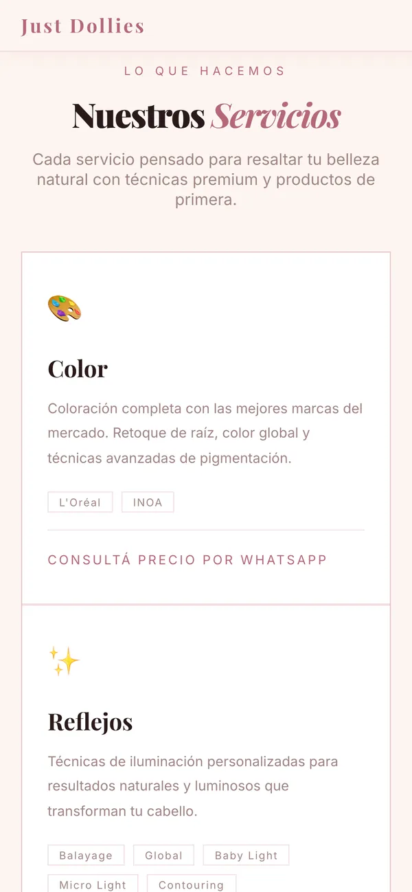 Servicios de la web de Just Dollies en celular