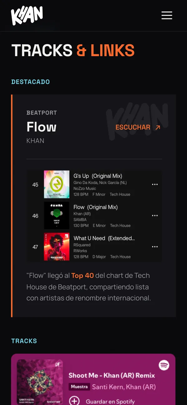Sección de tracks de la web de Khan en celular